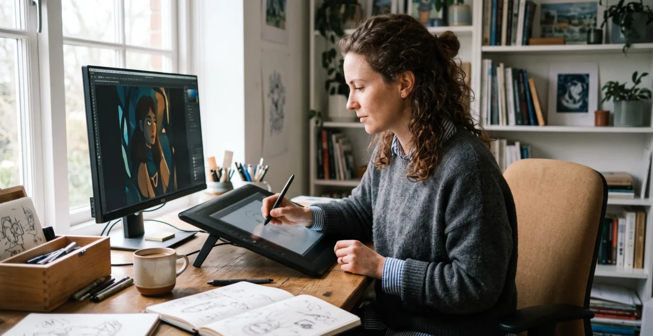 Une artiste dessine avec un stylet sur une tablette graphique dans un studio de création lumineux, devant un écran affichant son illustration numérique.