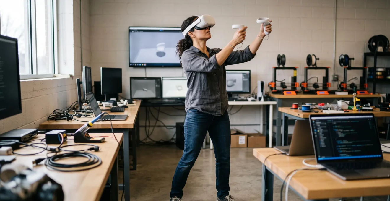 Une artiste debout utilise un casque de réalité virtuelle et des contrôleurs pour sculpter un modèle en trois dimensions dans un atelier de création.