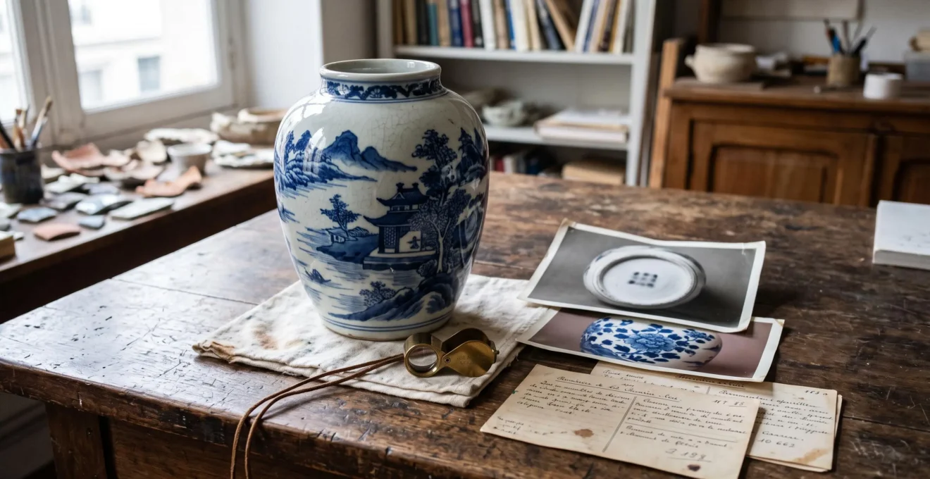 Vase en porcelaine examiné avec une loupe près de photographies et de documents.
