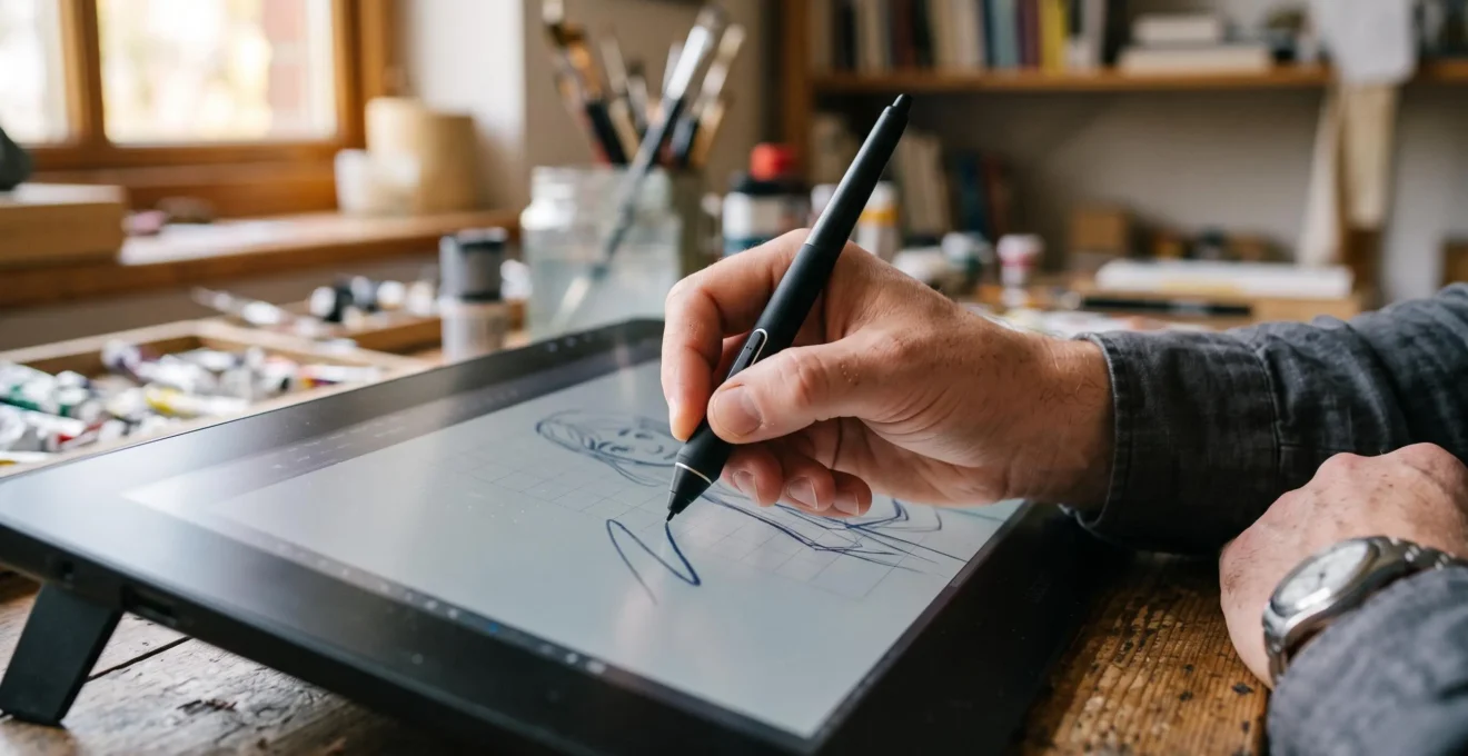 Gros plan sur la main d'une artiste tenant un stylet qui touche l'écran d'une tablette graphique pendant le dessin.
