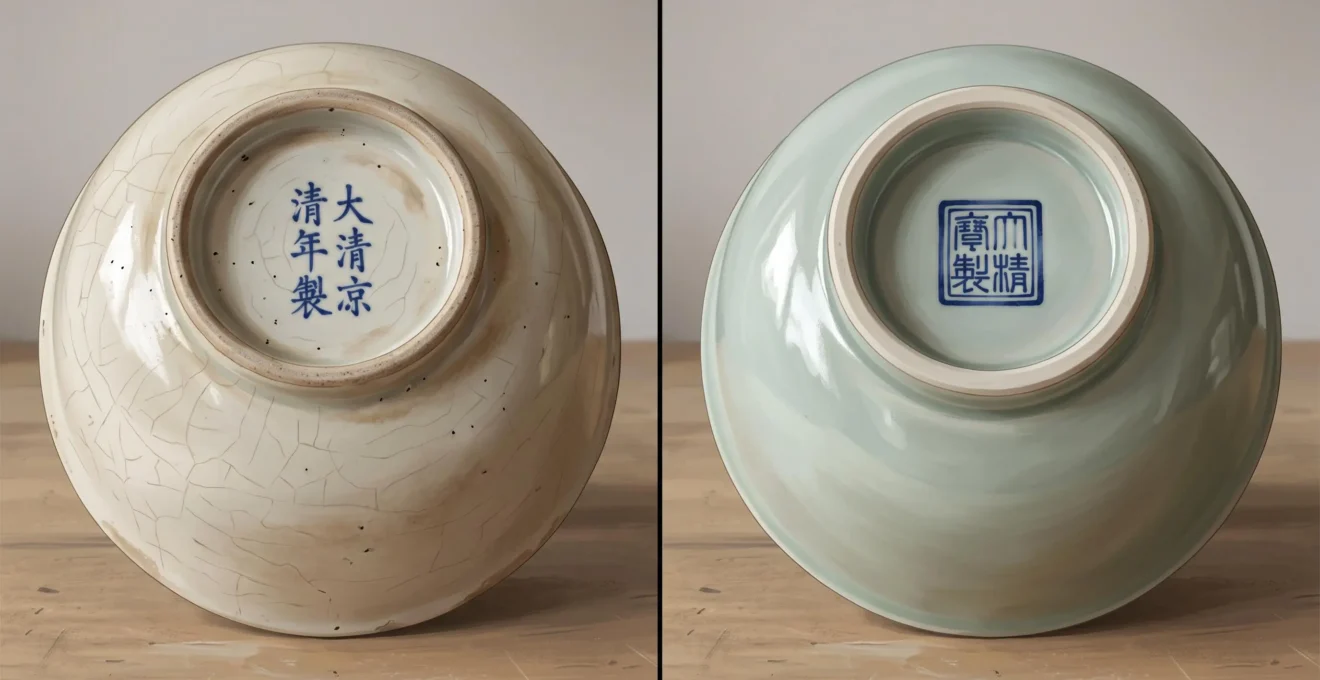Comparaison illustrative de deux bases de bols en porcelaine chinoise aux finitions différentes.