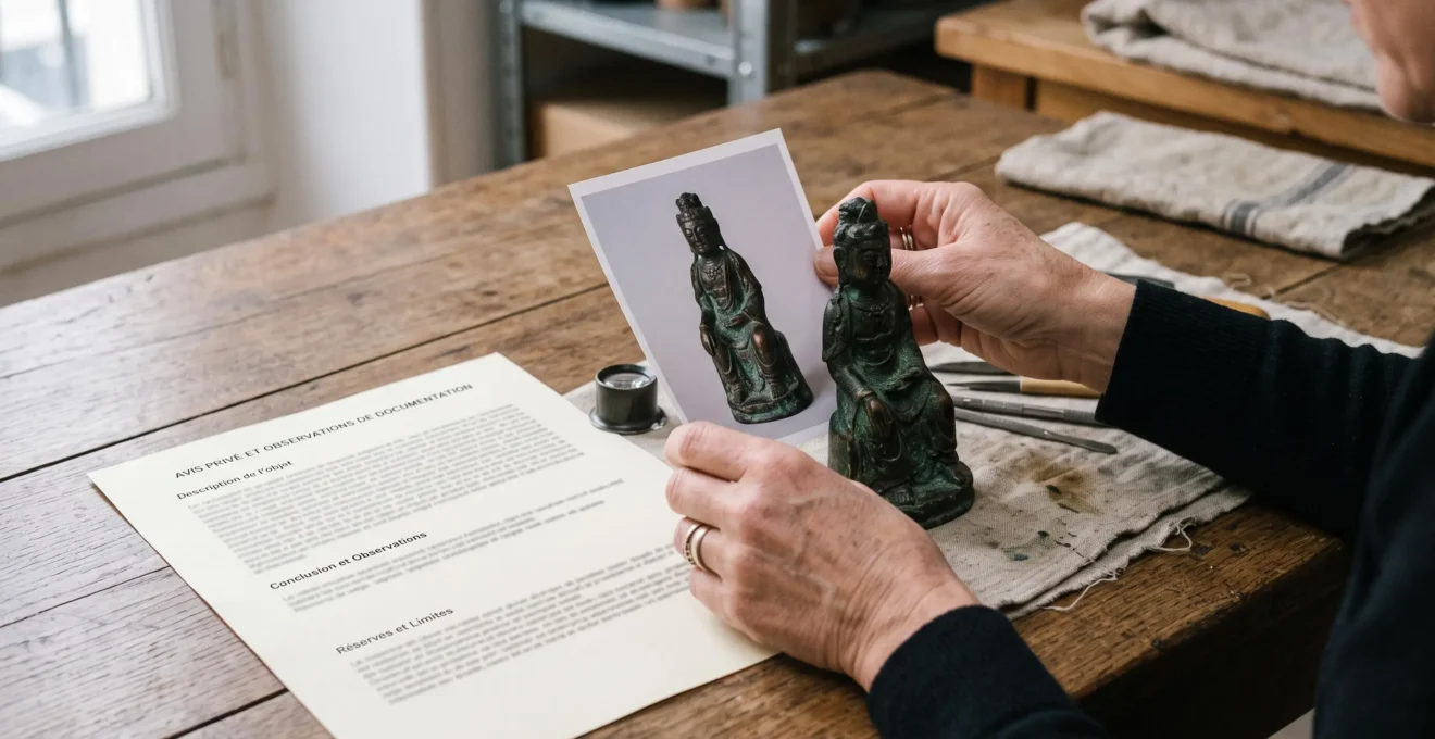 Main comparant une photographie de sculpture asiatique avec un objet en bronze et un avis écrit.